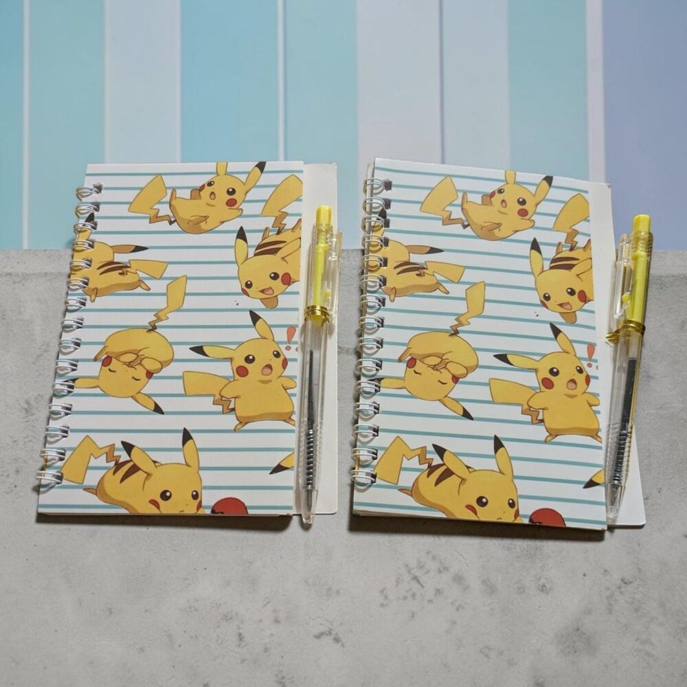 Pikachu Mini Spiral Notebooks Set of 2 with Pens, Pokémon Kawaii Stationery